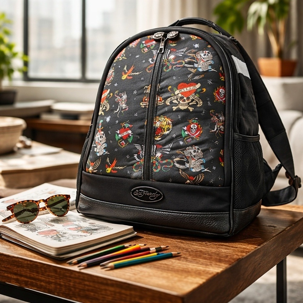 Ed Hardy Tattoo Print Backpack Multi Color Black Vegan Leather 17"x14"x7"‎ NWT